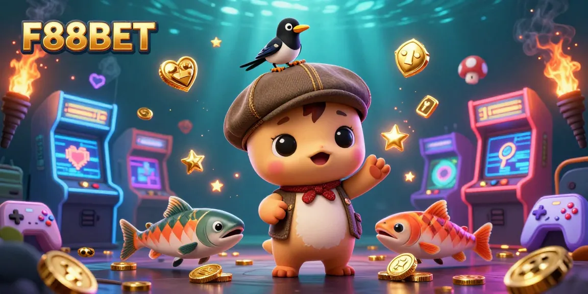 Play games and spin to win with F88BET in an exciting 3D casino adventure illustration.
