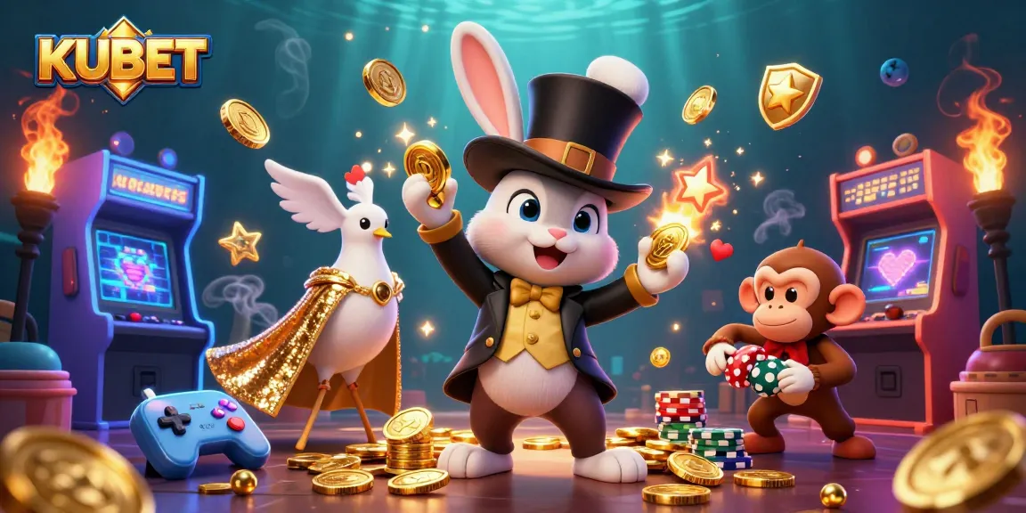 KUBET enhances your winning experience with a dynamic 3D casino scene featuring a magician rabbit, dove, and monkey amidst vibrant gaming elements.