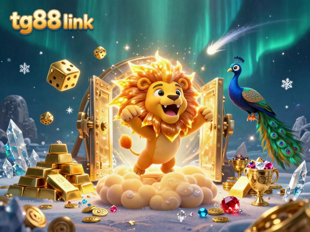 Engage with TG88 link for thrilling online casino adventures featuring a roaring lion, golden dice, and treasures.