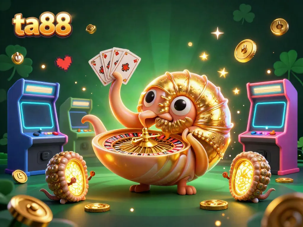 Experience excitement in ta88 gaming with a vibrant 3D casino-themed illustration featuring a giant nautilus and glowing companions.