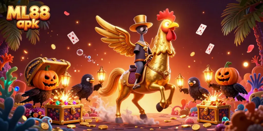 Experience the magic of ML88 apk with a golden rooster in a vibrant casino scene.