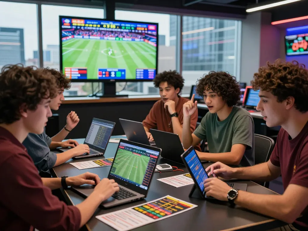Group enjoying Topbet experience at a modern sportsbook with screens displaying live games.
