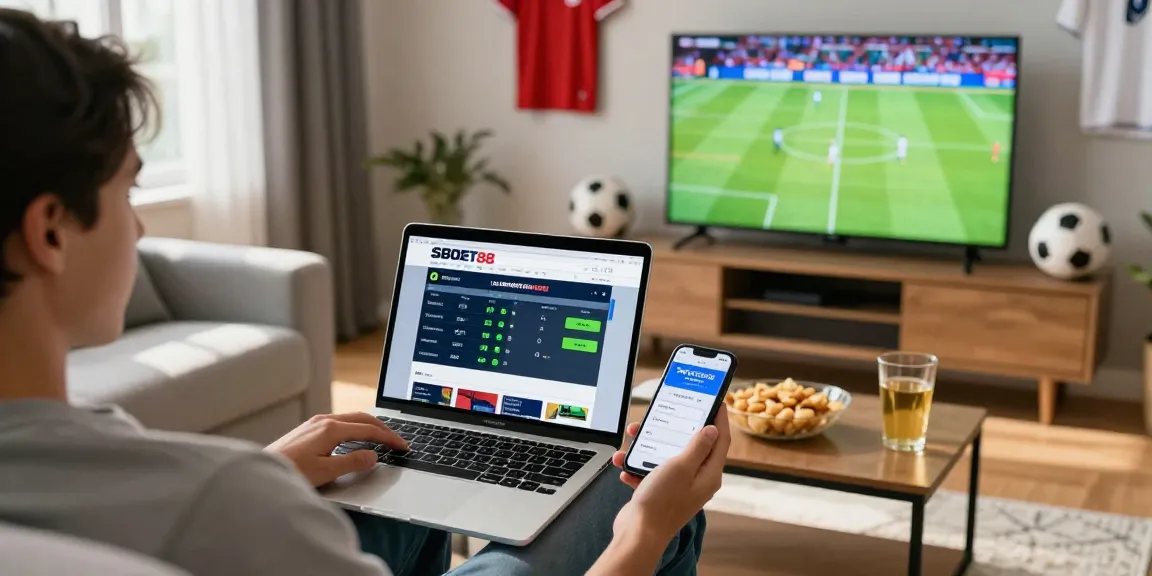 Pengguna sbobet sedang menikmati taruhan sepak bola live di ruang tamu modern.