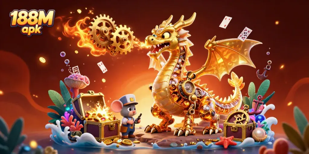 Experience gaming excitement with the vibrant 188M apk fantasy scene featuring a golden dragon and treasures!
