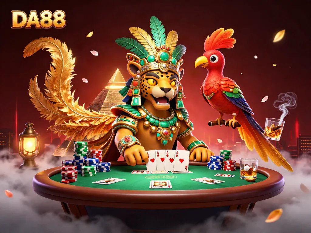 Join the DA88 adventure at the poker table with a Mayan jaguar priest and vibrant game elements.
