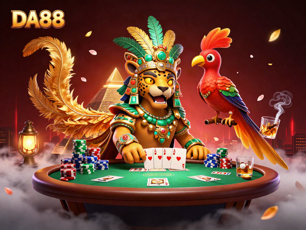 Join the DA88 adventure at the poker table with a Mayan jaguar priest and vibrant game elements.