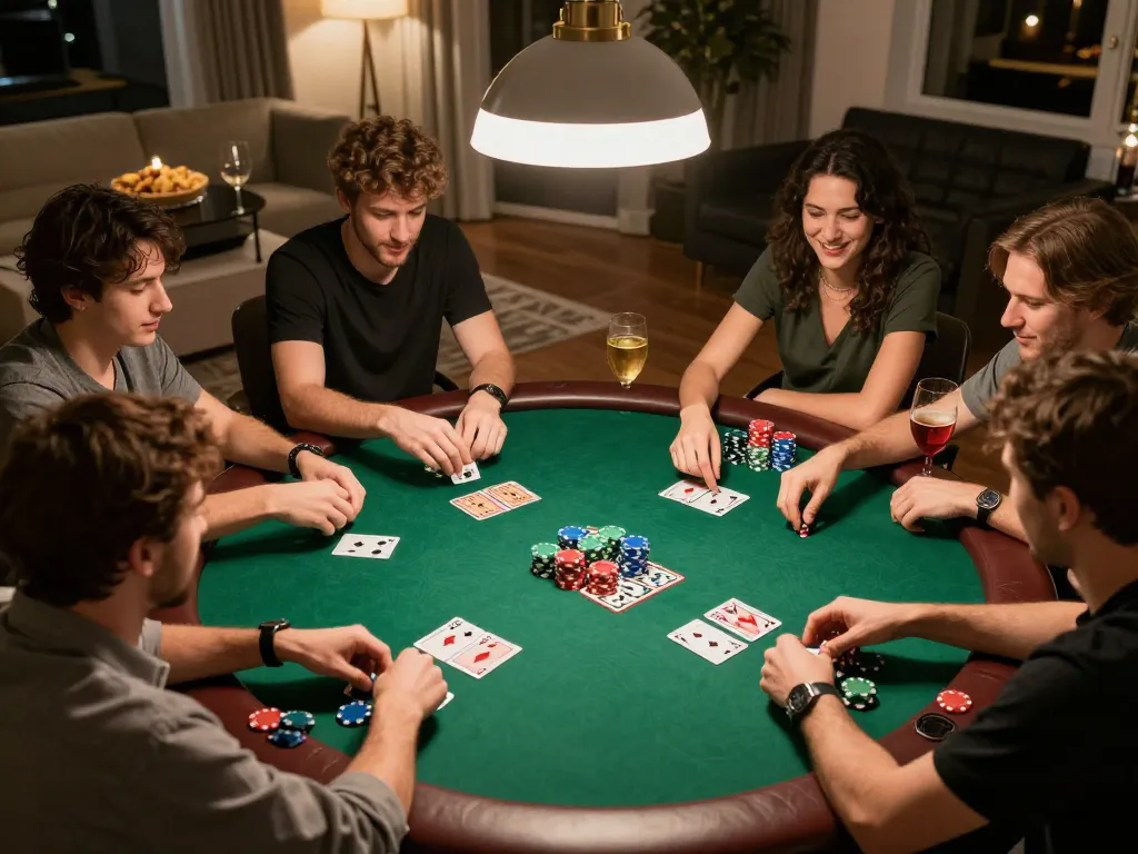 Players enjoy a fun sc88 game of poker at home, showcasing strategic moves and excitement.