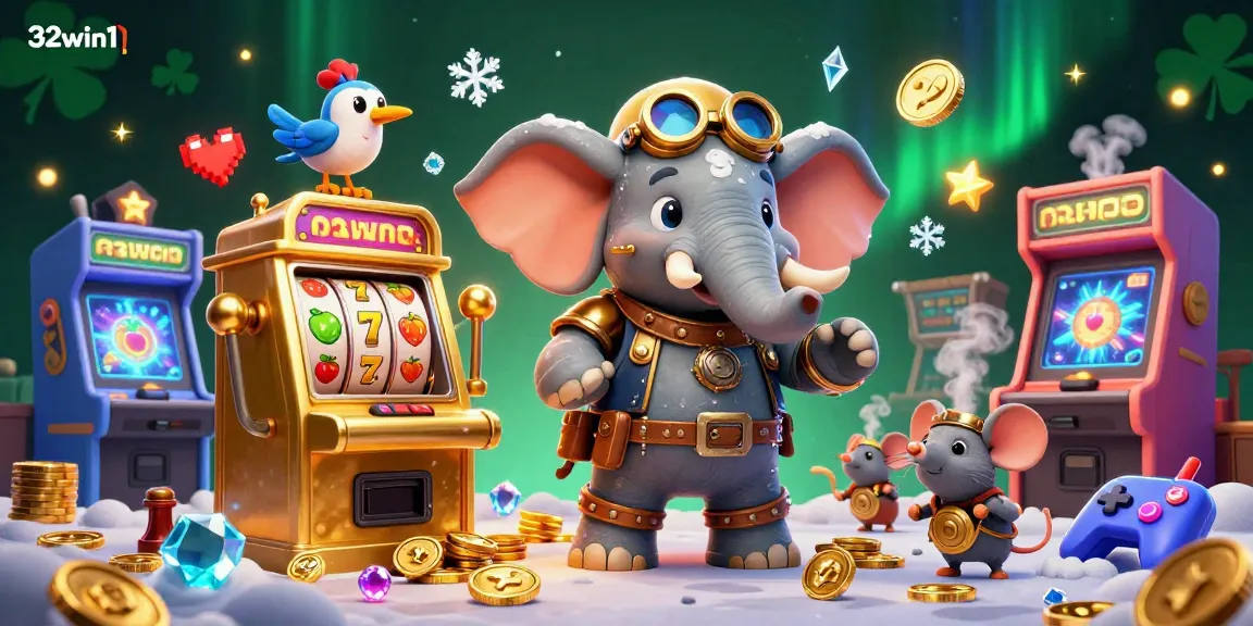 Engage with the vibrant 32win1 gaming experience featuring steampunk characters operating slot machines and colorful gaming elements.