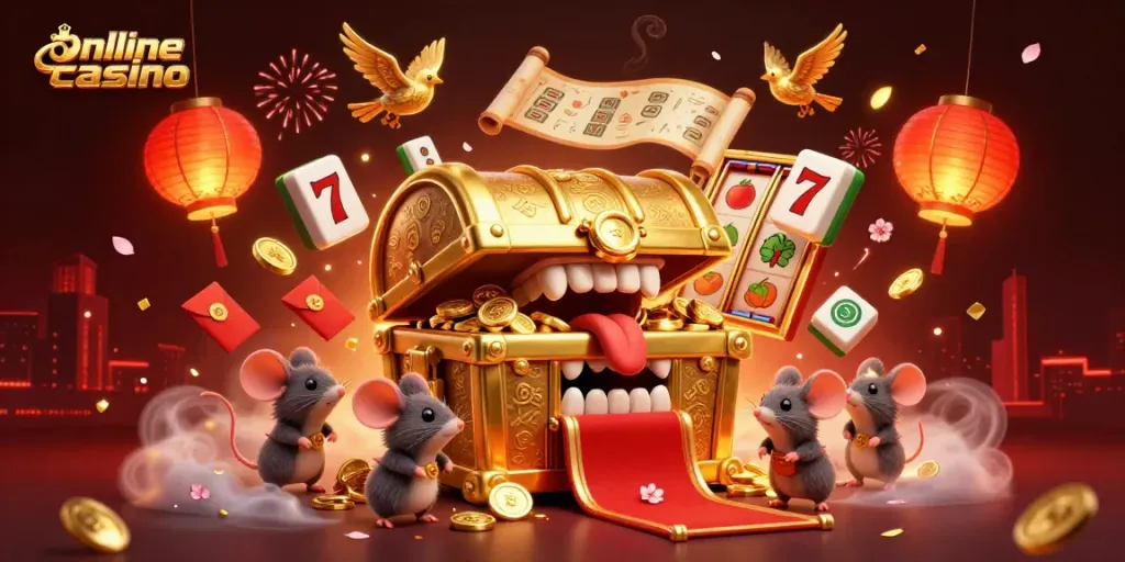 Engage with online casino excitement showcasing a treasure chest and dynamic gaming symbols.