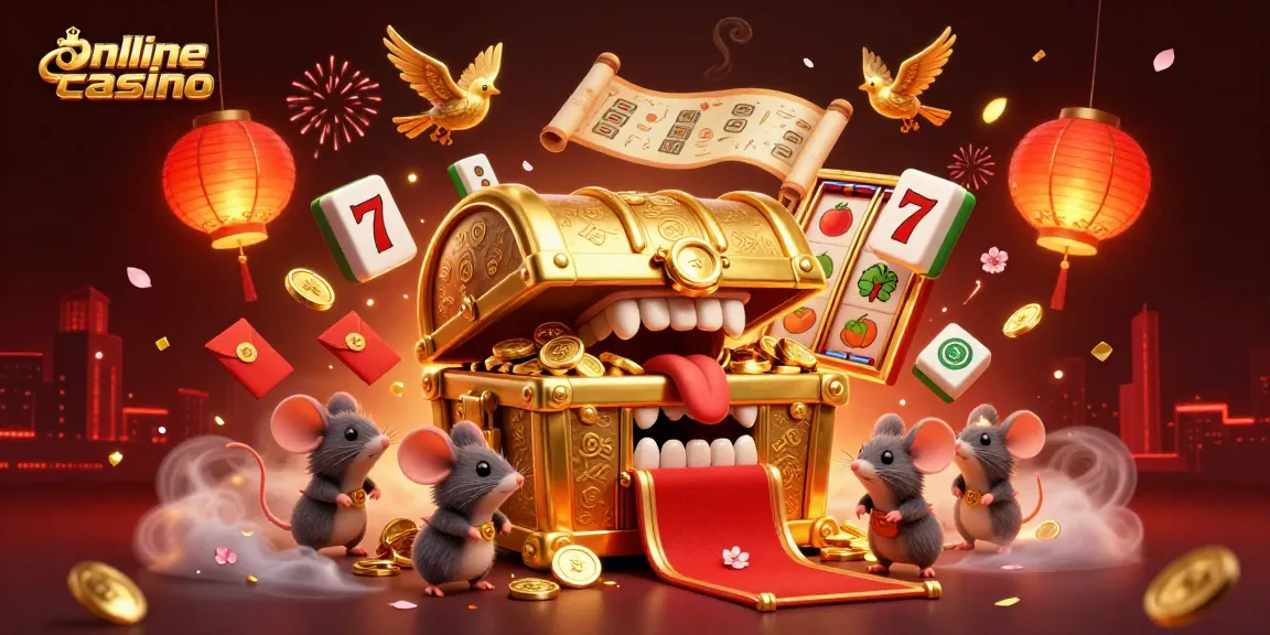 Engage with online casino excitement showcasing a treasure chest and dynamic gaming symbols.