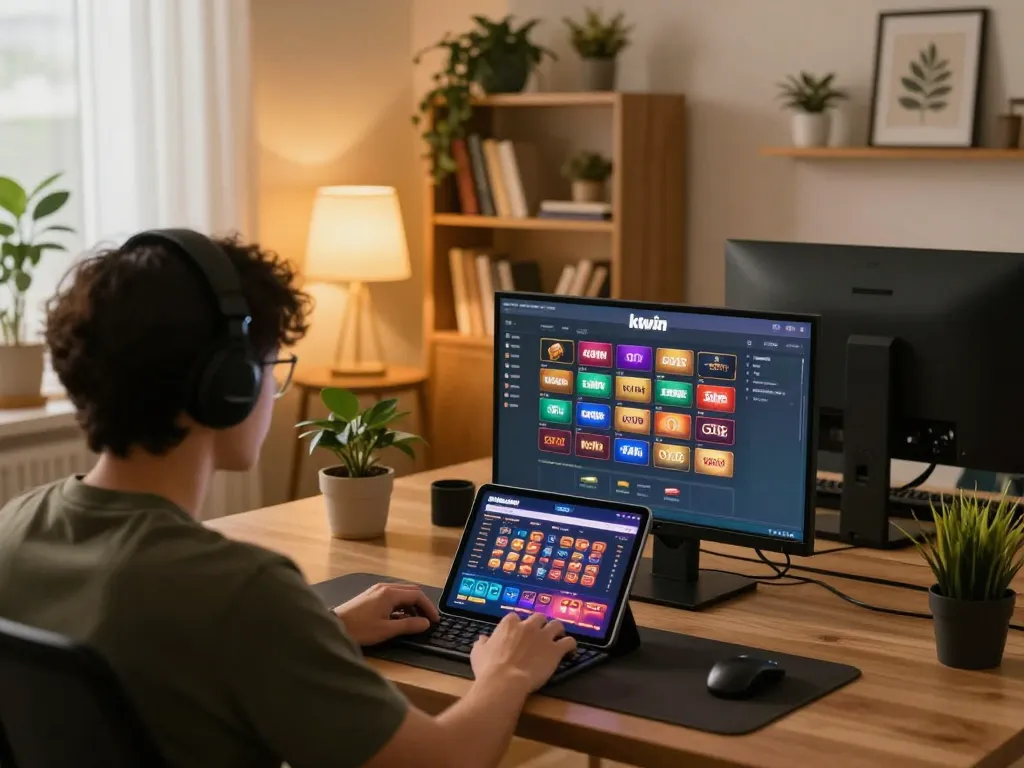 Person enjoying gaming on kkwin com interface in a cozy home office setting