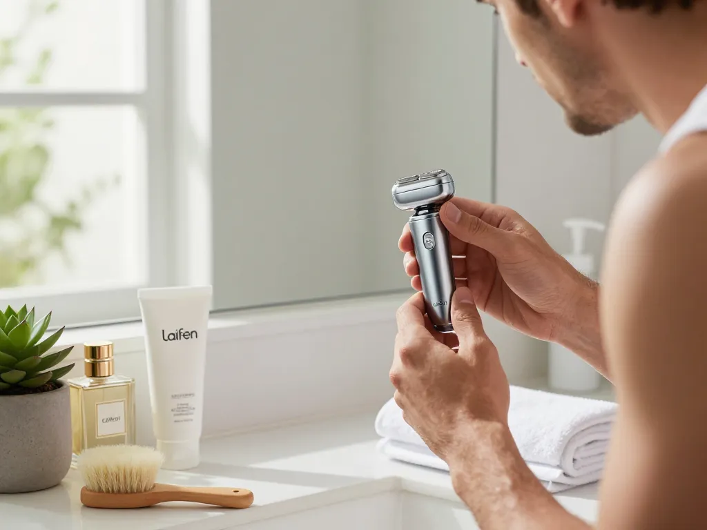 Man using a Laifen shaver in a stylish bathroom, showcasing modern grooming essentials.