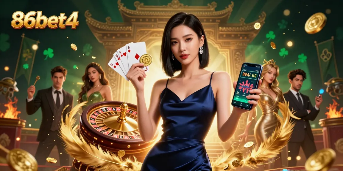 Experience the thrill of gambling at 86bet4 with a confident woman showcasing a casino app and golden chip.