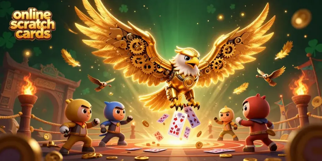 Play exciting online scratch cards with the cybernetic eagle amidst dynamic casino elements.