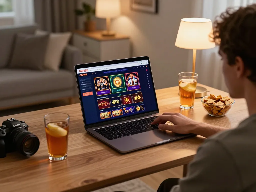 GEM88 online gaming experience with a player engaging with slot games on a modern laptop amidst a cozy home setup.