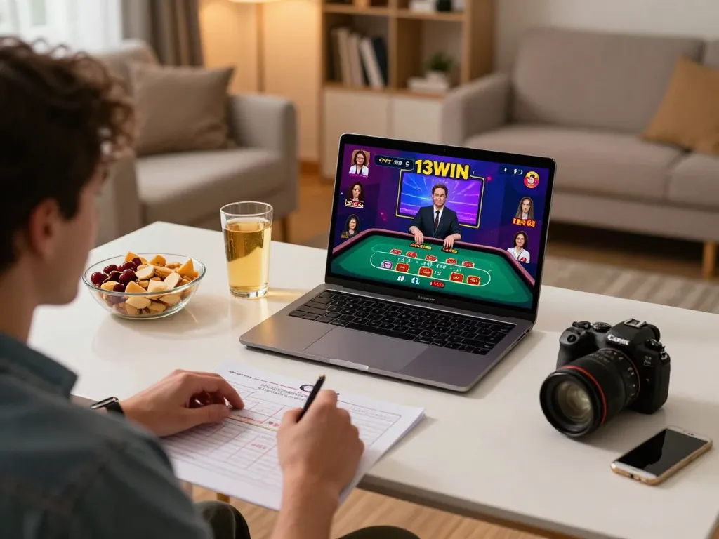 Player strategizing their next bet at 13WIN online casino, focusing on live dealer gameplay from home