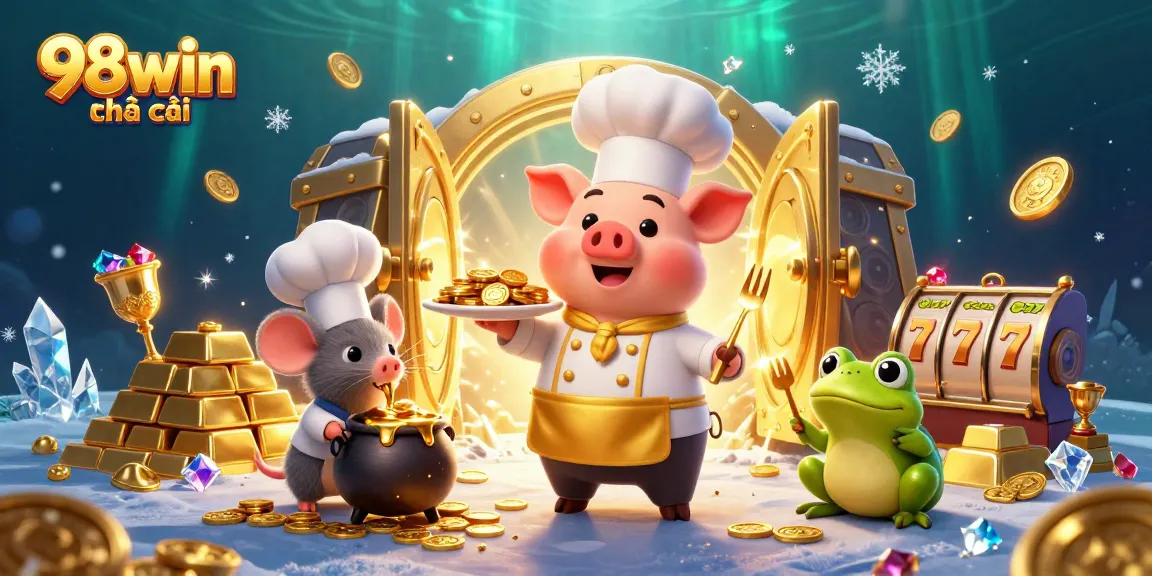 Engage with 98win nhà cái through an exciting casino-themed 3D illustration full of gold coins and dynamic game elements.