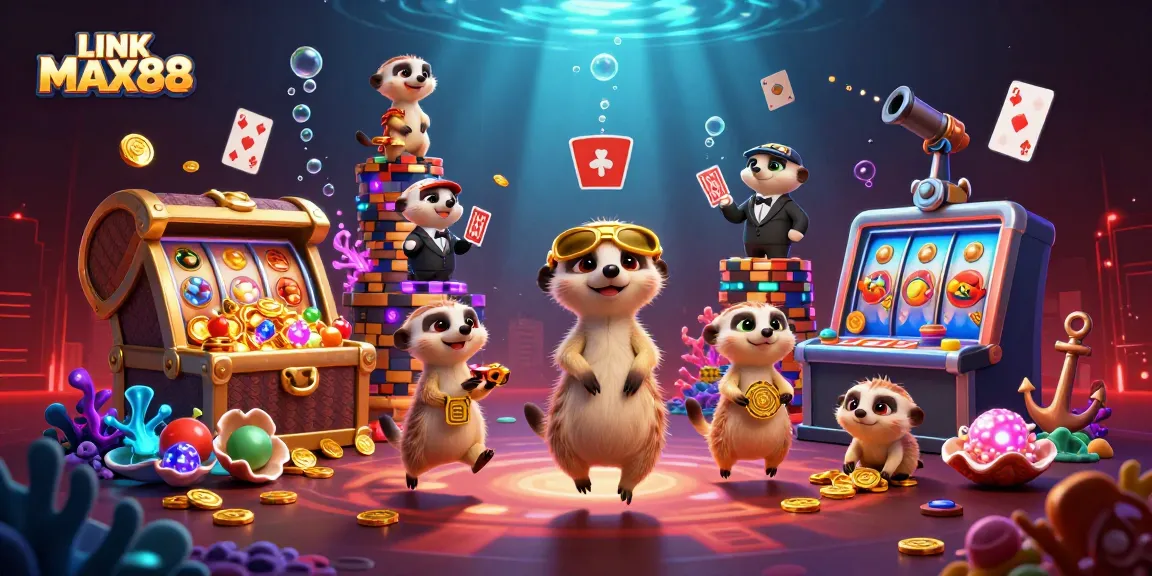 Engage in thrilling casino fun with LINK MAX88 as meerkats play slots and sneak chips in an elaborate scene.