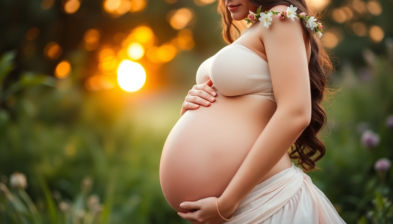 Captivating Babybauch Fotoshooting featuring a pregnant woman in a serene outdoor scene.
