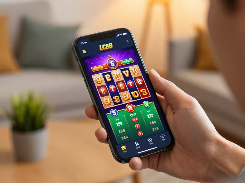 Playing exciting casino games with the lc88 app on a smartphone in a cozy home setting.