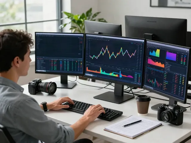 Trader utilizing quantumaiplatform.ca, monitoring crypto markets with multiple screens in a modern workspace.