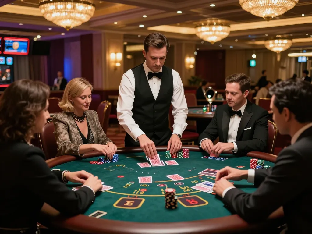 Players strategizing at a blackjack table at SV66 Casino, showcasing engaged gameplay and luxury atmosphere.