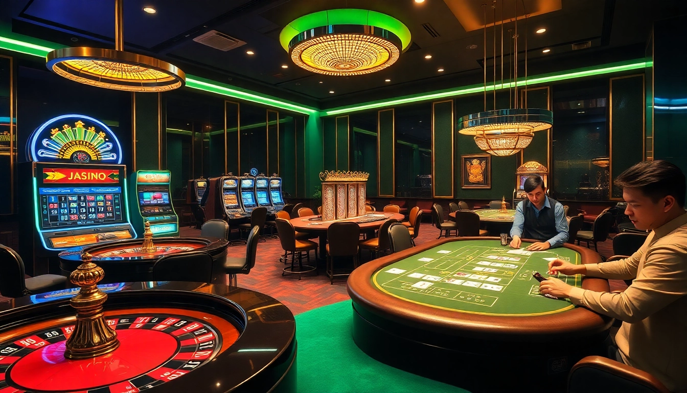 Engaging gamblers at JL111 with vibrant casino visuals of roulette, poker tables, and slot machines.