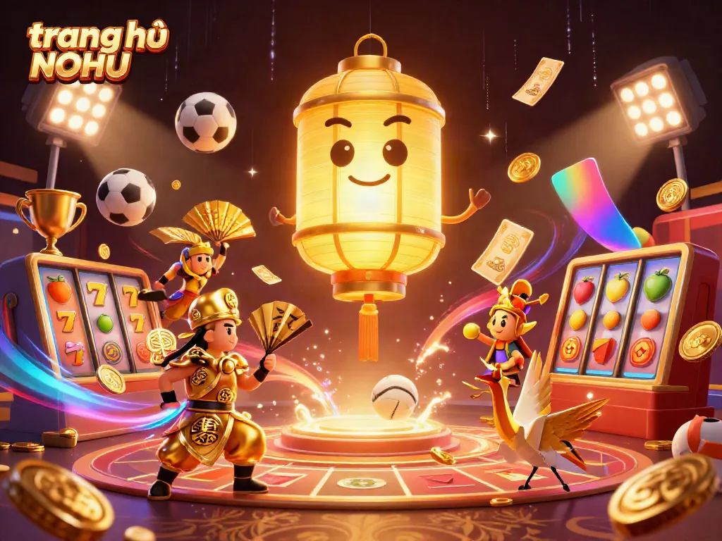 Experience the vibrant world of online gaming with trang chủ NOHU, featuring dynamic visuals of slot reels, a golden lantern spirit, and sports elements.