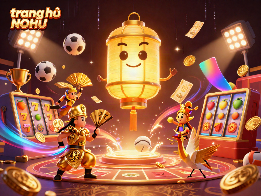 Experience the vibrant world of online gaming with trang chủ NOHU, featuring dynamic visuals of slot reels, a golden lantern spirit, and sports elements.
