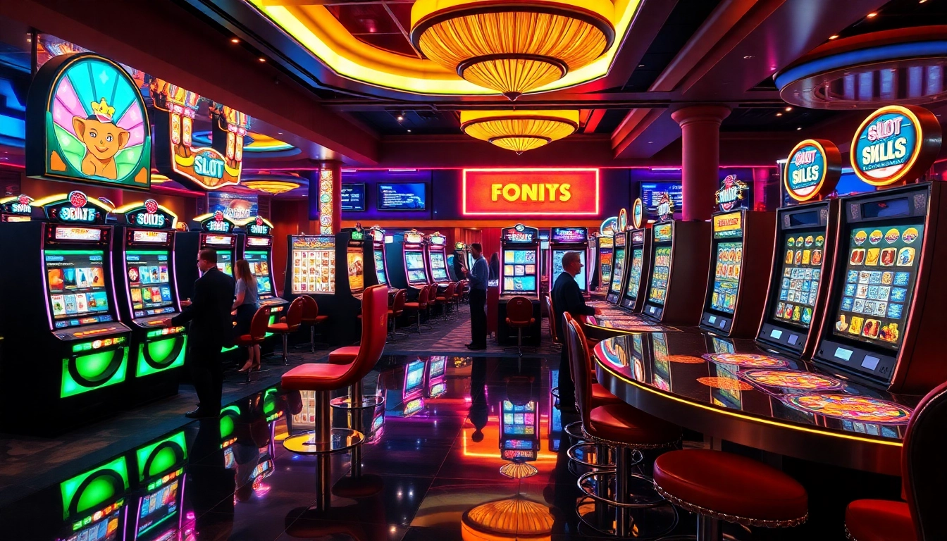 Players enjoying the excitement of slots 365 in a vibrant casino setting with colorful machines.