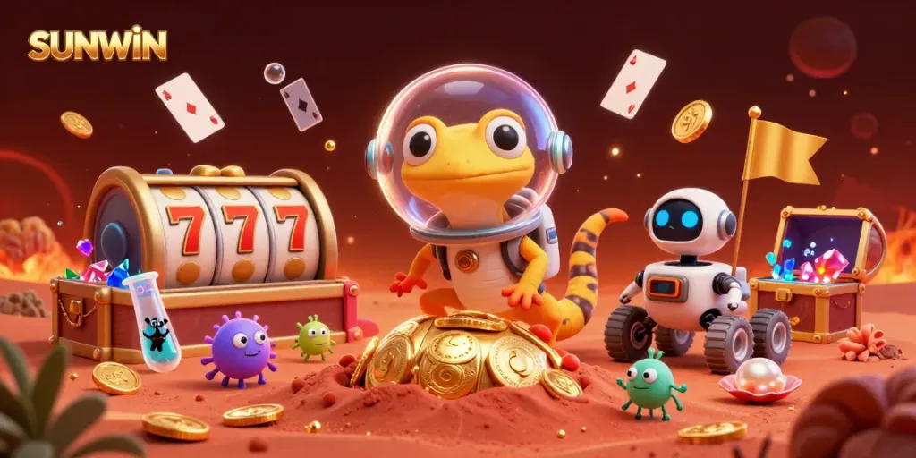 SUNWIN displays a 3D Martian gecko and robot in a golden casino with dynamic slot reels and treasure