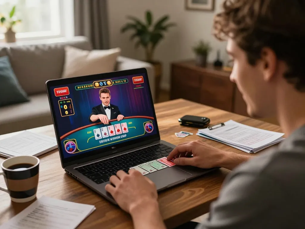 Player engaging in online blackjack with VK88 app at home, focused on strategic betting and management.
