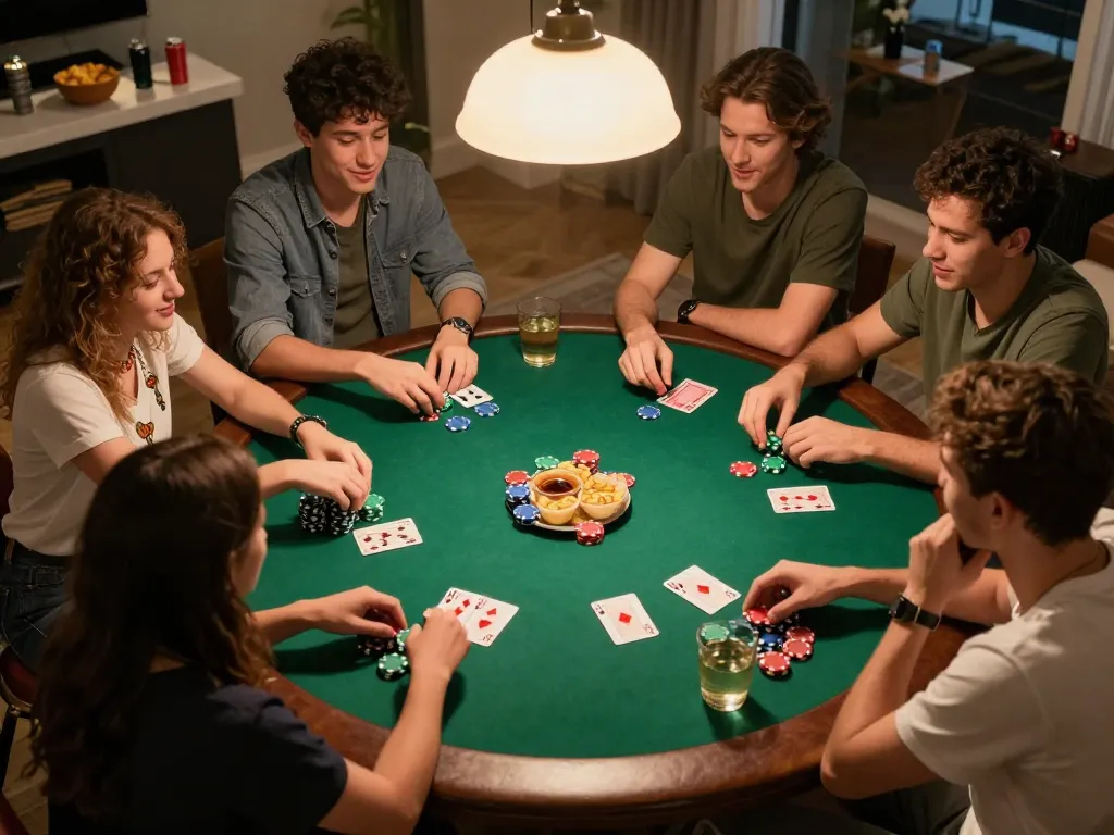 Teman-teman bermain mejavip slot online di permainan poker rumah yang cerah, menampilkan pemain yang terlibat dan suasana yang hidup.