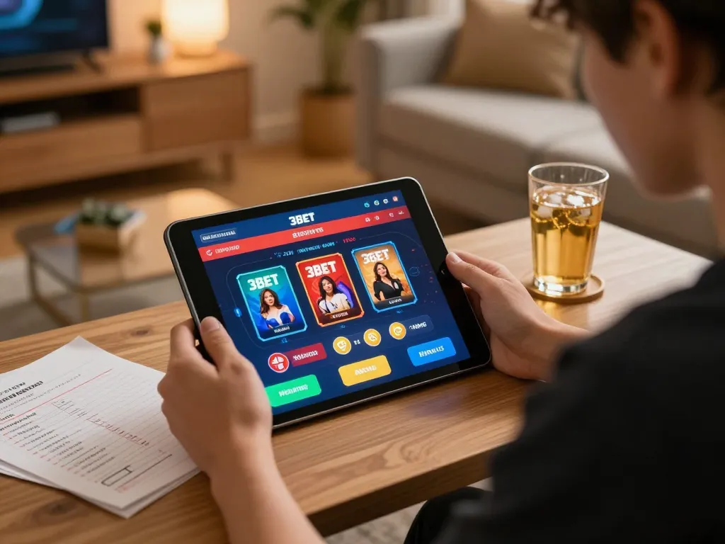 Engaging with the 3BET casino app on a tablet in a cozy home setting, highlighting responsible gaming.
