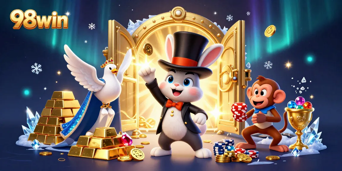 Join the excitement at 98win with a magician rabbit pulling coins, dazzling gold, and poker chips!
