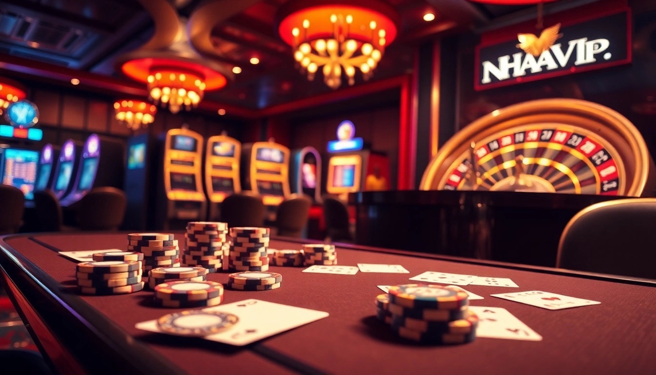 NHTVIP gambling scene with exciting casino games, cards, poker chips, and a vibrant roulette wheel.