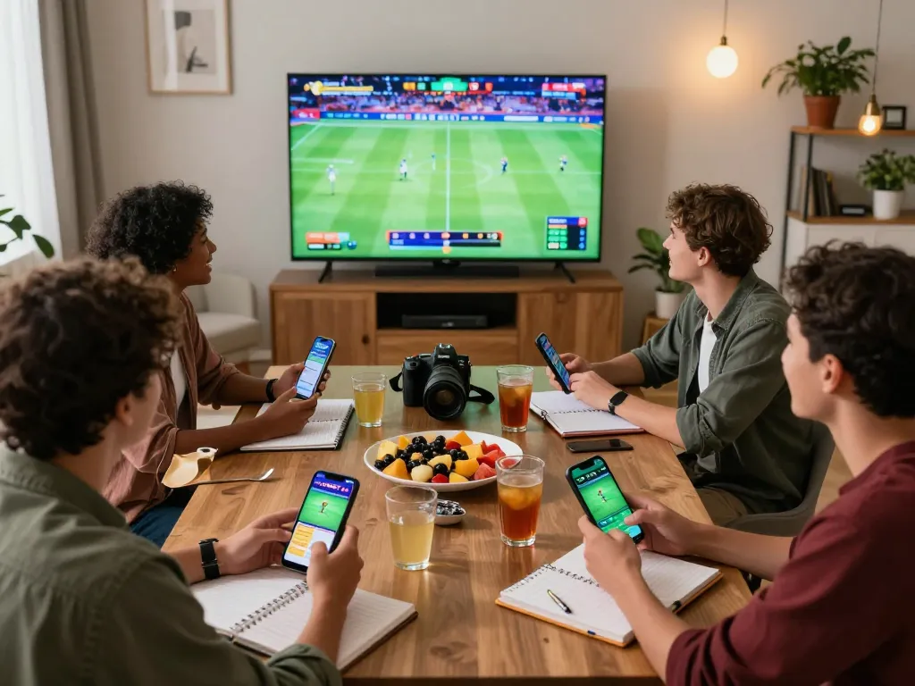 Diverse group enjoying live sports betting with FABET app in a vibrant setting