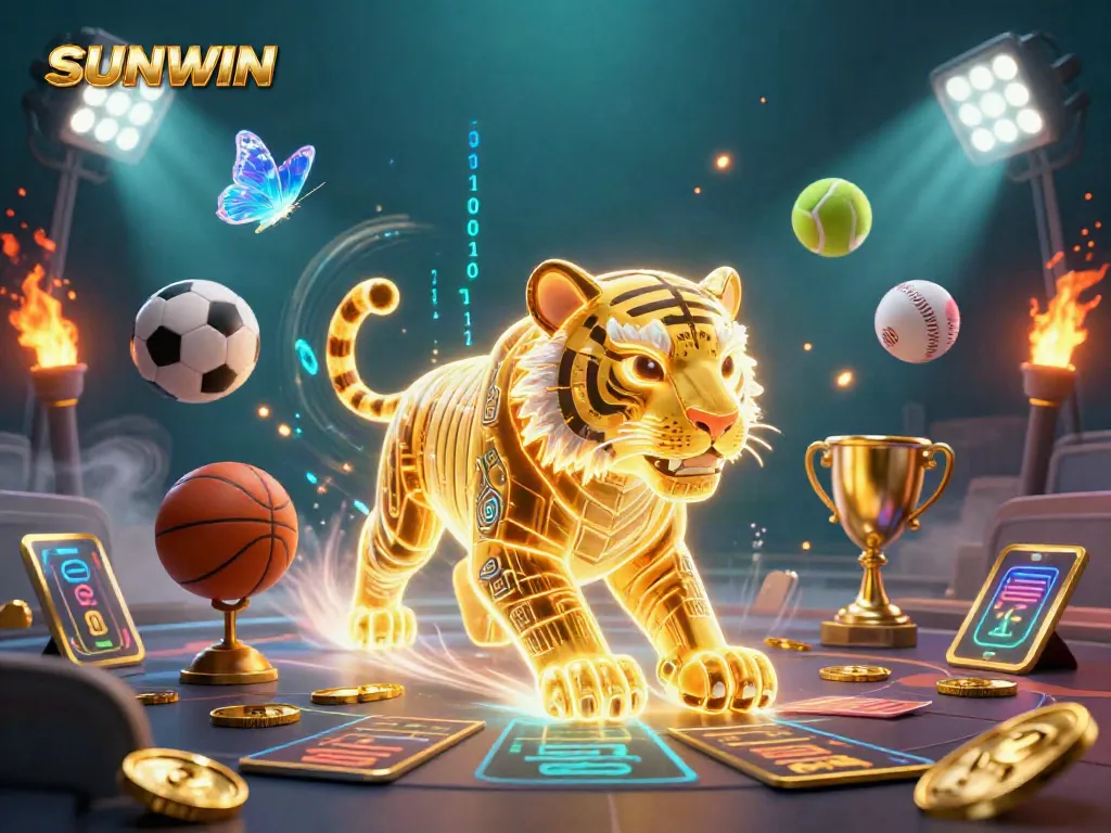 SUNWIN offers exhilarating gameplay with a golden tiger amid dynamic sports elements in a vibrant casino