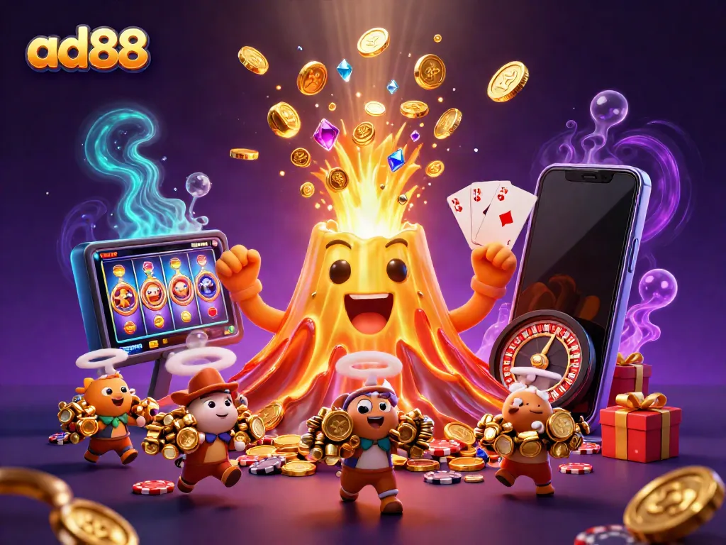 Experience the thrill at ad88 with a vibrant 3D illustration of a treasure-filled golden volcano scene.