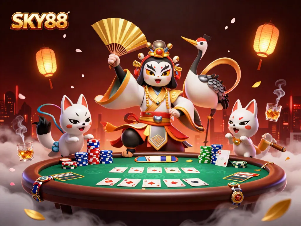Experience thrilling poker action at SKY88 with a kabuki warrior and kitsune companion.