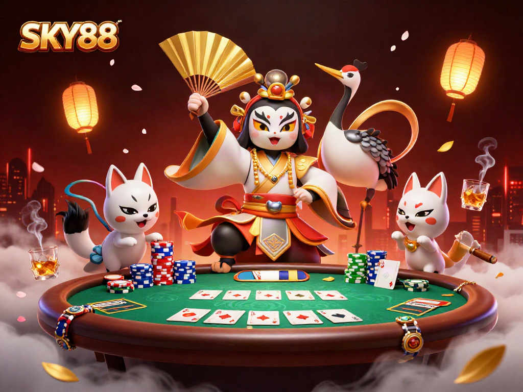 Experience thrilling poker action at SKY88 with a kabuki warrior and kitsune companion.