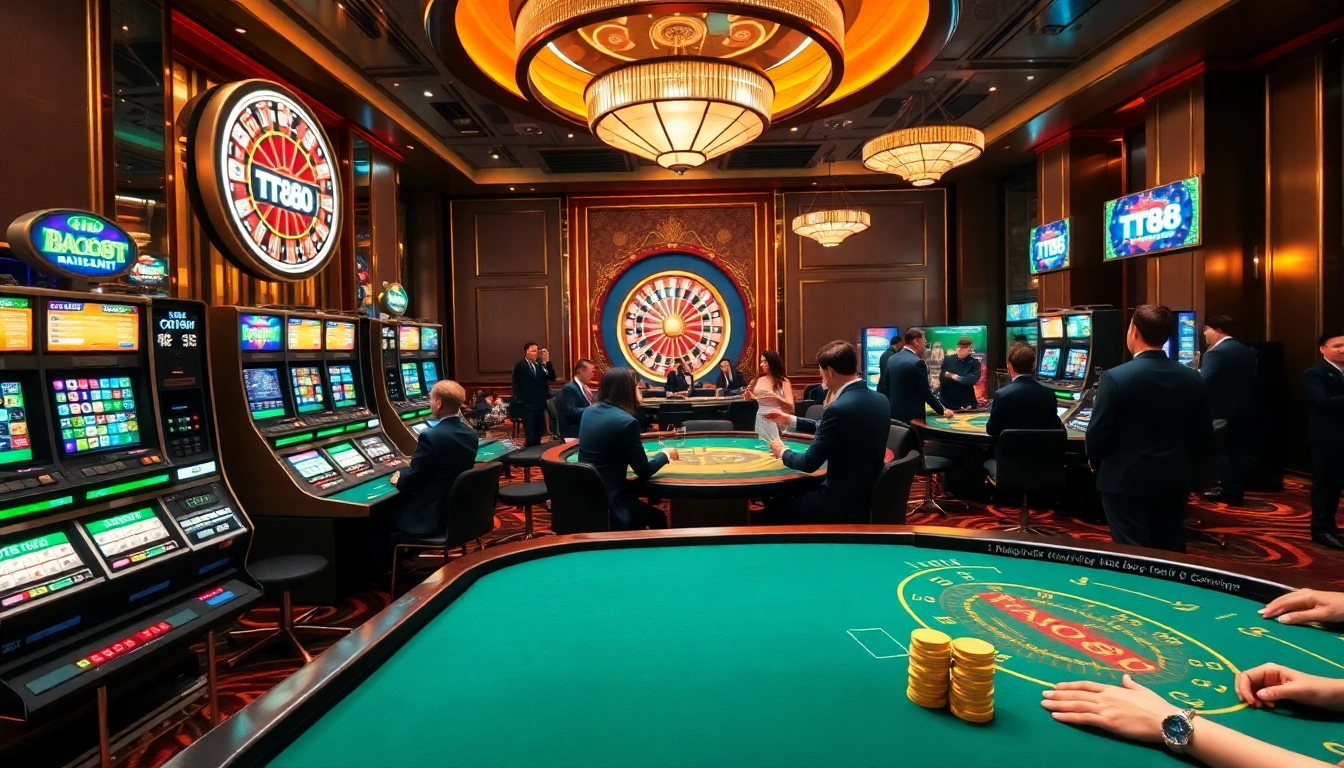 Experience the thrilling gaming atmosphere at TT88 with vibrant casino tables and engaging players.