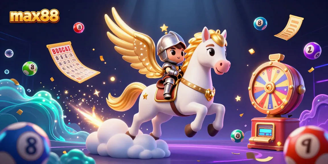 Experience the thrilling world of max88 with a vibrant dynamic casino scene full of lottery action and characters.