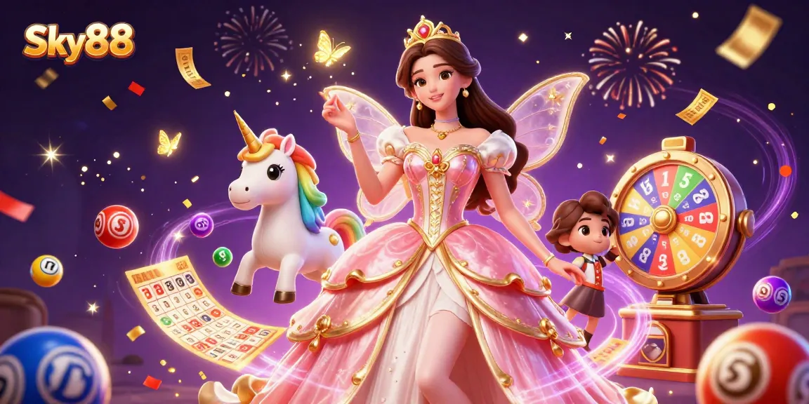 Sky88 offers vibrant energy with lottery balls and a glamorous character in a dynamic casino scene.