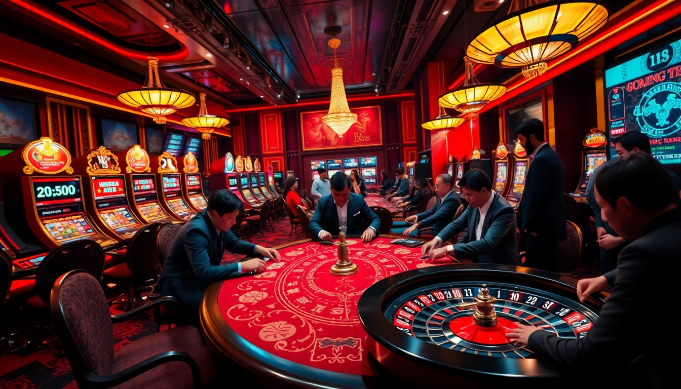 Experience exciting online gambling at https://luongsontv23.com/, featuring a vibrant casino scene with poker and roulette tables.