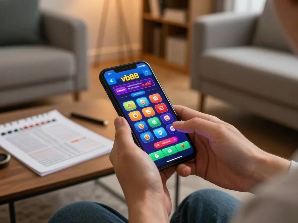 Betting on vb88 from a smartphone at home, showcasing the mobile gaming experience.