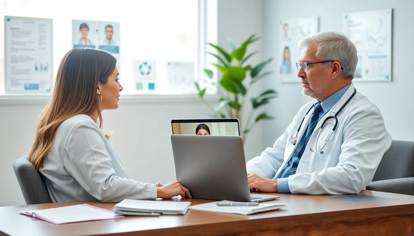 Message a doctor online 24/7 through a virtual consultation in a bright, professional setting.