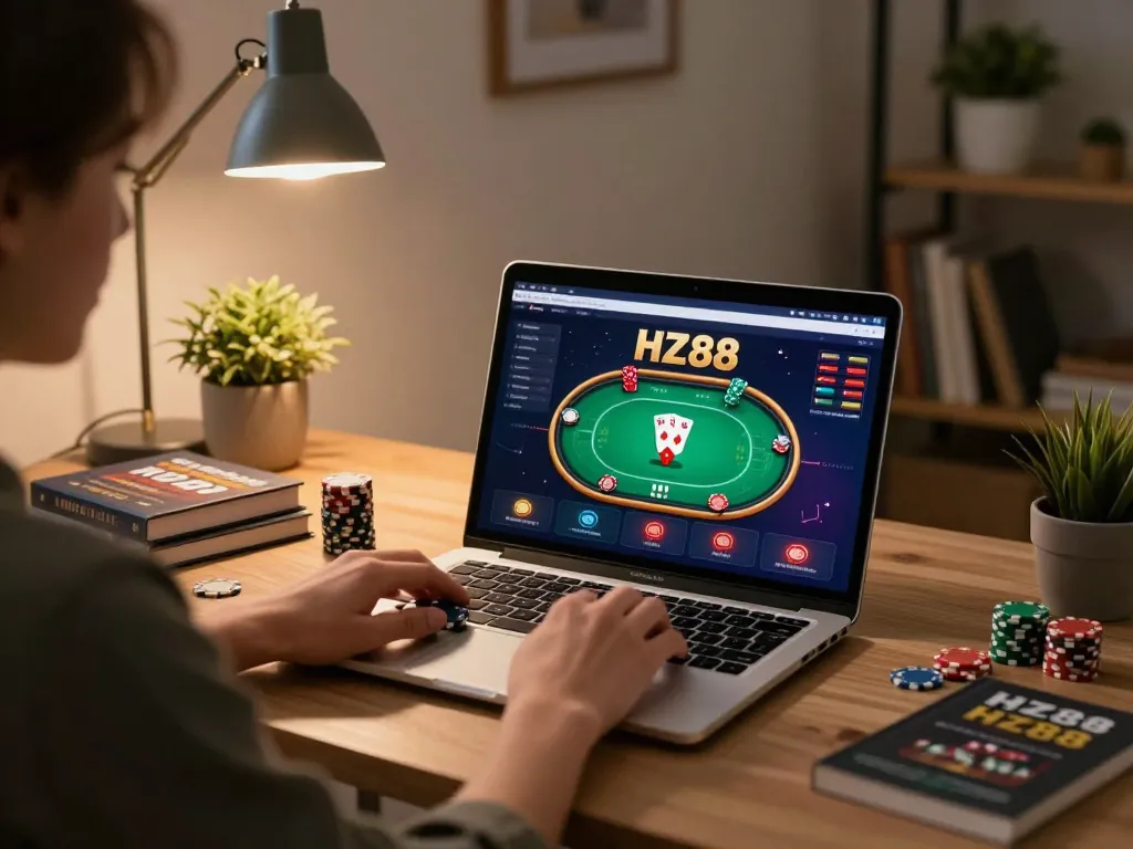 Player engaging with HZ88 online poker game at home, showcasing strategic gaming environment