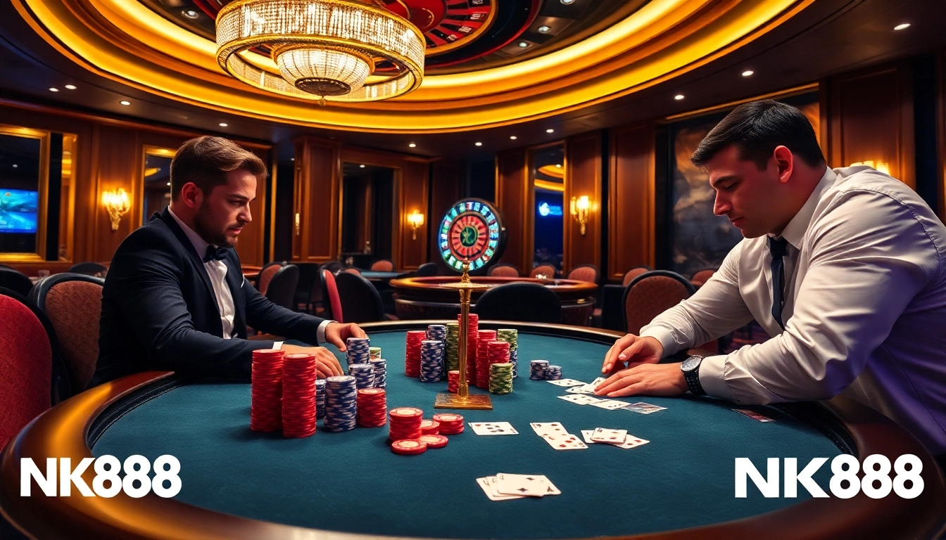 Players at a professional NK88 poker table showcasing excitement and strategy in a luxurious casino.