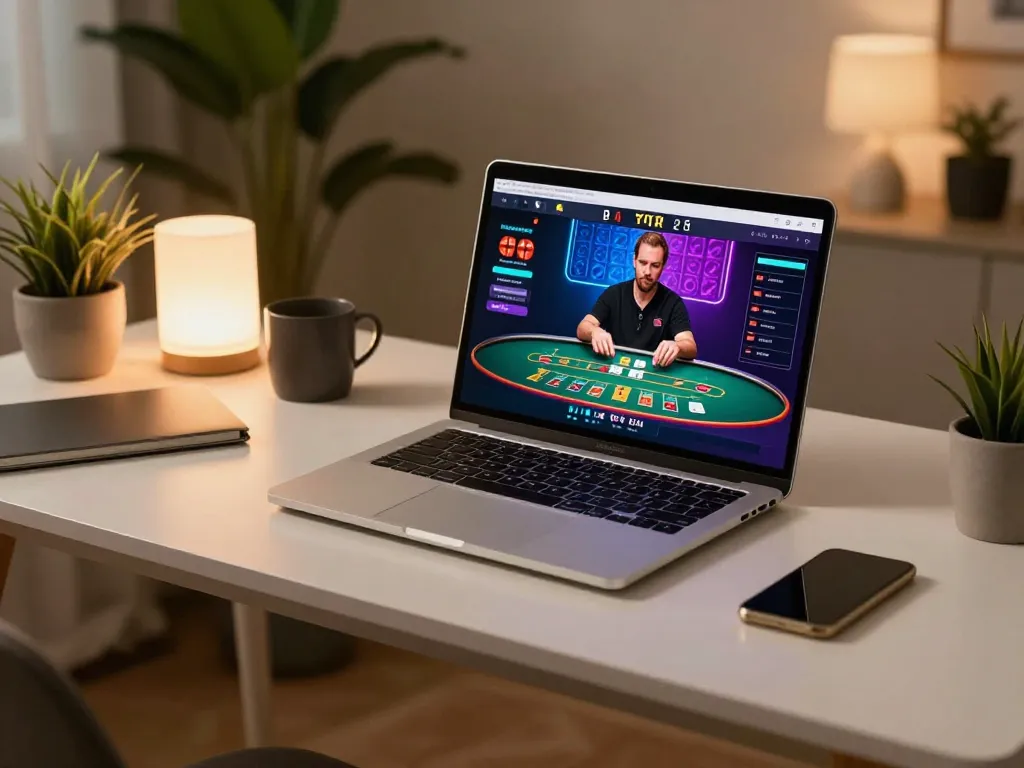 Excited player engaging in Baccarat while exploring Trang Chủ XX88 on a laptop with a cozy atmosphere.